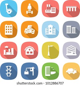 flat vector icon set - gyroscooter vector, hoverboard, store, bridge, building, modern architecture, district, city, house, outdoor light, office, traffic, loading, hotel, trash truck
