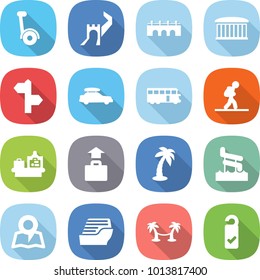 flat vector icon set - gyroscooter vector, greate wall, bridge, airport building, signpost, car baggage, bus, tourist, checking, palm, aquapark, map, cruise ship, hammock, please clean