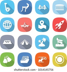 flat vector icon set - gyroscooter vector, greate wall, bridge, airport building, globe, plane, map, rocket, taxi, tent, island, aquapark, flippers, cruise ship, helicopter, orbit