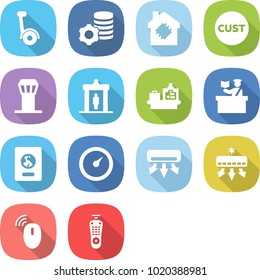 flat vector icon set - gyroscooter vector, virtual mining, smart house, customs, airport tower, detector, baggage checking, inspector, passport, barometer, air conditioning, wireless mouse
