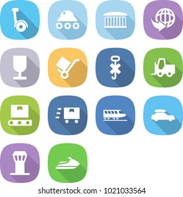 flat vector icon set - gyroscooter vector, lunar rover, airport building, delivery, fragile, trolley, do not hook sign, fork loader, transporter tape, fast deliver, train, car baggage, tower