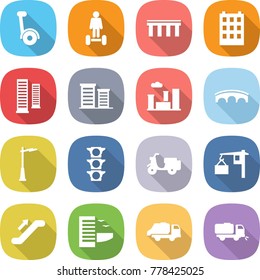 flat vector icon set - gyroscooter vector, hoverboard, bridge, building, skyscrapers, district, city, outdoor light, traffic, scooter shipping, loading, escalator, hotel, trash truck, sweeper