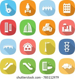 flat vector icon set - gyroscooter vector, hoverboard, bridge, building, skyscrapers, skyscraper, modern architecture, city, house, outdoor light, traffic, escalator, hotel, trash truck