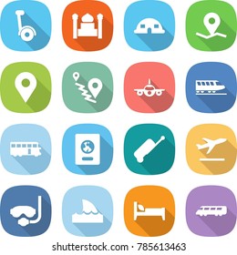 flat vector icon set - gyroscooter vector, minaret, dome house, geo pin, route, plane, train, bus, passport, suitcase, departure, diving mask, shark flipper, bed, speed