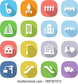 flat vector icon set - gyroscooter vector, hoverboard, bridge, skyscraper, building, house, outdoor light, office, scooter shipping, loading, escalator, sweeper