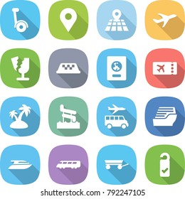 flat vector icon set - gyroscooter vector, geo pin, map, plane, broken, taxi, passport, ticket, island, aquapark, transfer, cruise ship, yacht, speed train, trailer, please clean