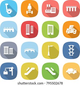 flat vector icon set - gyroscooter vector, hoverboard, store, bridge, skyscrapers, skyscraper, modern architecture, district, outdoor light, traffic, loading, escalator, trash truck