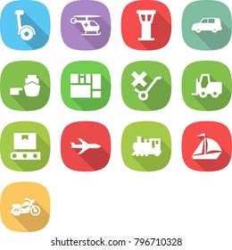 flat vector icon set - gyroscooter vector, ambulance helicopter, airport tower, car shipping, port, consolidated cargo, do not trolley sign, fork loader, transporter tape, plane, train, sail boat