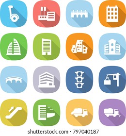 flat vector icon set - gyroscooter vector, store, bridge, building, skyscraper, modern architecture, office, traffic light, loading, escalator, hotel, trash truck, sweeper