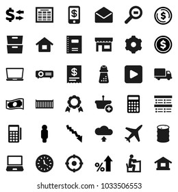 Flat vector icon set - hand mill vector, copybook, student, schedule, medal, archive, exam, exchange, dollar coin, cash, crisis, percent growth, calculator, man, plane, sea container, delivery, mail
