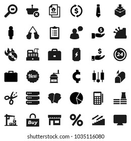 Flat vector icon set - hand mill vector, case, exchange, pie graph, japanese candle, investment, man, tie, cent sign, clipboard, boxing glove, enegry drink, stairways run, package, cargo search, new