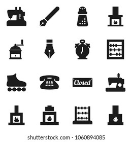 Flat vector icon set - hand mill vector, pen, alarm clock, abacus, roller Skates, classic phone, fireplace, closed, sewing machine