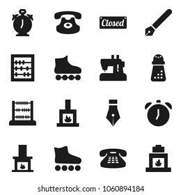 Flat vector icon set - hand mill vector, pen, alarm clock, abacus, roller Skates, classic phone, fireplace, closed, sewing machine