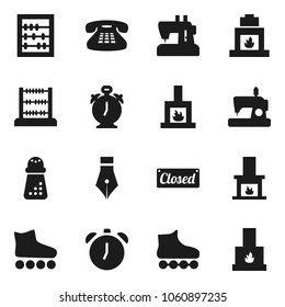 Flat vector icon set - hand mill vector, pen, alarm clock, abacus, roller Skates, classic phone, fireplace, closed, sewing machine