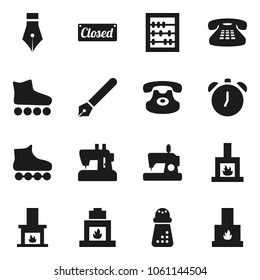 Flat vector icon set - hand mill vector, pen, alarm clock, abacus, roller Skates, classic phone, fireplace, closed, sewing machine