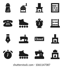 Flat vector icon set - hand mill vector, pen, alarm clock, abacus, roller Skates, classic phone, fireplace, closed, sewing machine