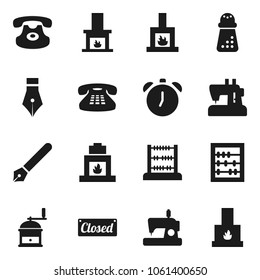 Flat vector icon set - hand mill vector, pen, alarm clock, abacus, classic phone, fireplace, closed, sewing machine