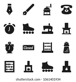 Flat vector icon set - hand mill vector, pen, alarm clock, abacus, roller Skates, classic phone, fireplace, closed, sewing machine
