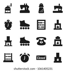 Flat vector icon set - hand mill vector, alarm clock, abacus, roller Skates, classic phone, fireplace, closed, sewing machine