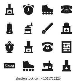 Flat vector icon set - hand mill vector, pen, alarm clock, abacus, roller Skates, classic phone, fireplace, closed, sewing machine