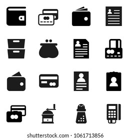 Flat vector icon set - hand mill vector, archive, personal information, credit card, wallet, reader