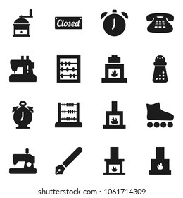 Flat vector icon set - hand mill vector, pen, alarm clock, abacus, roller Skates, classic phone, fireplace, closed, sewing machine