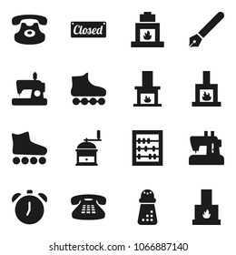 Flat vector icon set - hand mill vector, pen, alarm clock, abacus, roller Skates, classic phone, fireplace, closed, sewing machine