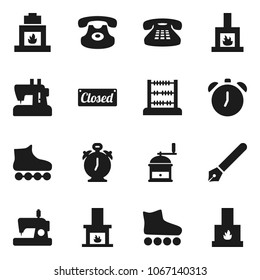 Flat vector icon set - hand mill vector, pen, alarm clock, abacus, roller Skates, classic phone, fireplace, closed, sewing machine