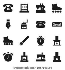 Flat vector icon set - hand mill vector, pen, alarm clock, abacus, roller Skates, classic phone, fireplace, closed, sewing machine
