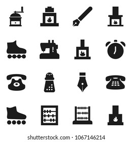 Flat vector icon set - hand mill vector, pen, alarm clock, abacus, roller Skates, classic phone, fireplace, sewing machine