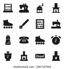 Flat vector icon set - hand mill vector, pen, alarm clock, abacus, roller Skates, classic phone, fireplace, closed, sewing machine