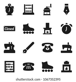 Flat vector icon set - hand mill vector, pen, alarm clock, abacus, roller Skates, classic phone, fireplace, closed, sewing machine