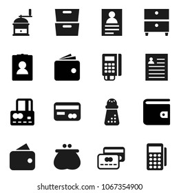 Flat vector icon set - hand mill vector, archive, personal information, credit card, wallet, reader