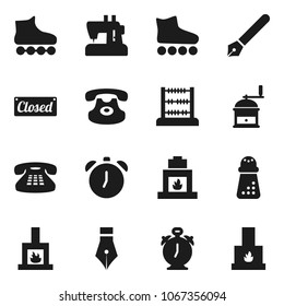 Flat vector icon set - hand mill vector, pen, alarm clock, abacus, roller Skates, classic phone, fireplace, closed, sewing machine