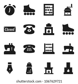 Flat vector icon set - hand mill vector, pen, alarm clock, abacus, roller Skates, classic phone, fireplace, closed, sewing machine