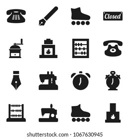 Flat vector icon set - hand mill vector, pen, alarm clock, abacus, roller Skates, classic phone, closed, sewing machine, fireplace