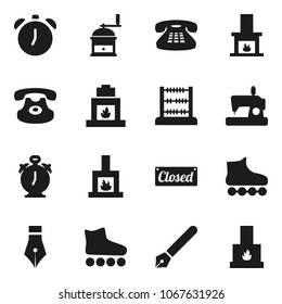 Flat vector icon set - hand mill vector, pen, alarm clock, abacus, roller Skates, classic phone, fireplace, closed, sewing machine
