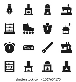 Flat vector icon set - hand mill vector, pen, alarm clock, abacus, roller Skates, fireplace, closed, sewing machine