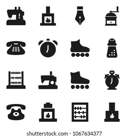 Flat vector icon set - hand mill vector, pen, alarm clock, abacus, roller Skates, classic phone, fireplace, sewing machine