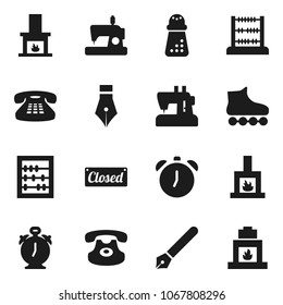 Flat vector icon set - hand mill vector, pen, alarm clock, abacus, roller Skates, classic phone, fireplace, closed, sewing machine
