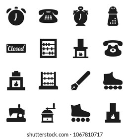 Flat vector icon set - hand mill vector, pen, alarm clock, abacus, roller Skates, classic phone, fireplace, closed, sewing machine