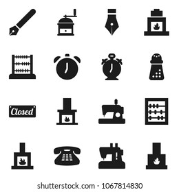 Flat vector icon set - hand mill vector, pen, alarm clock, abacus, classic phone, fireplace, closed, sewing machine