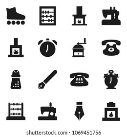 Flat vector icon set - hand mill vector, pen, alarm clock, abacus, roller Skates, classic phone, fireplace, sewing machine