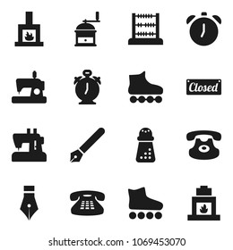 Flat vector icon set - hand mill vector, pen, alarm clock, abacus, roller Skates, classic phone, fireplace, closed, sewing machine