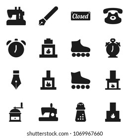 Flat vector icon set - hand mill vector, pen, alarm clock, roller Skates, classic phone, fireplace, closed, sewing machine