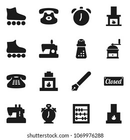 Flat vector icon set - hand mill vector, pen, alarm clock, abacus, roller Skates, classic phone, fireplace, closed, sewing machine