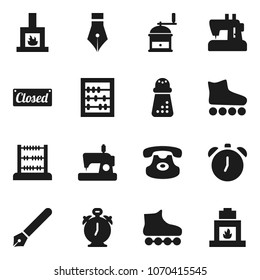 Flat vector icon set - hand mill vector, pen, alarm clock, abacus, roller Skates, classic phone, fireplace, closed, sewing machine