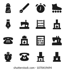 Flat vector icon set - hand mill vector, pen, alarm clock, abacus, roller Skates, classic phone, fireplace, sewing machine