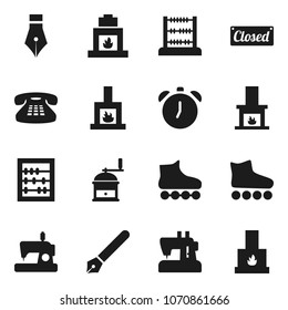 Flat vector icon set - hand mill vector, pen, alarm clock, abacus, roller Skates, classic phone, fireplace, closed, sewing machine