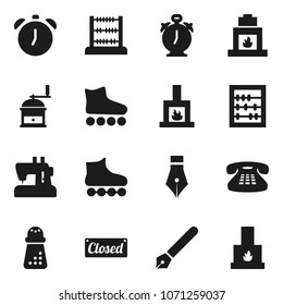 Flat vector icon set - hand mill vector, pen, alarm clock, abacus, roller Skates, classic phone, fireplace, closed, sewing machine